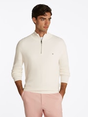 Tommy Hilfiger Cream Mock Neck Half Zip 100% Cotton Jumper - Image 1 of 6