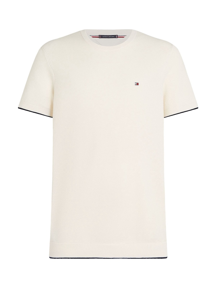 Tommy Hilfiger Cream Structure Knitted 100% Cotton T-Shirt - Image 5 of 6