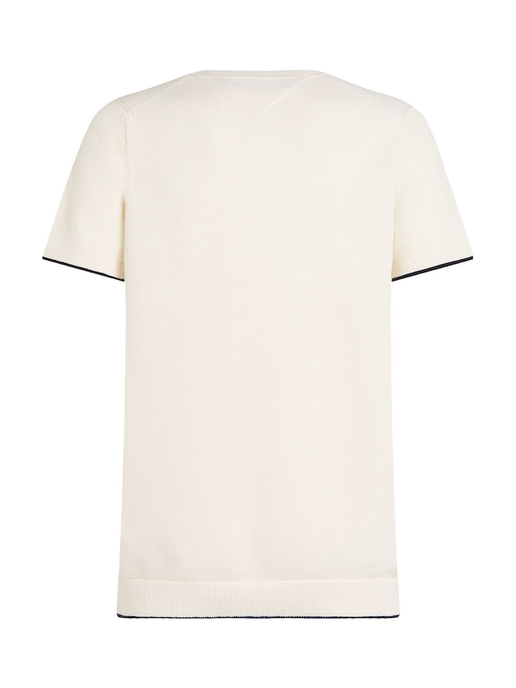 Tommy Hilfiger Cream Structure Knitted 100% Cotton T-Shirt - Image 6 of 6