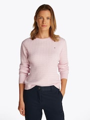 Tommy Hilfiger Pink Cotton Cable Crew Neck Jumper - Image 1 of 6