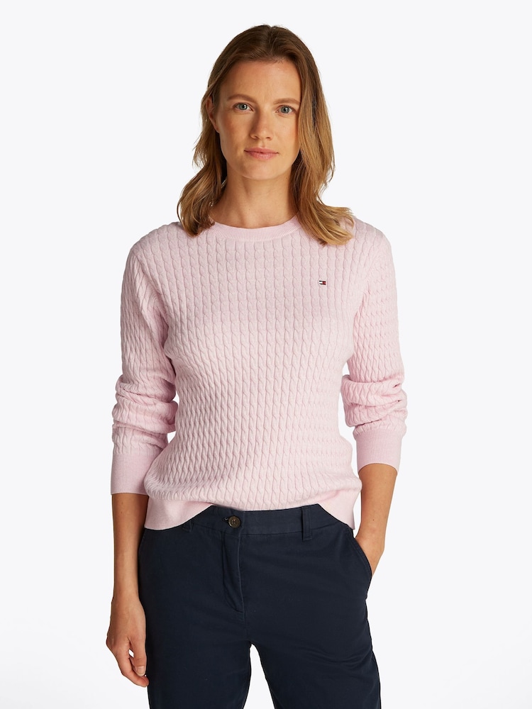Tommy Hilfiger Pink Cotton Cable Crew Neck Jumper - Image 1 of 6