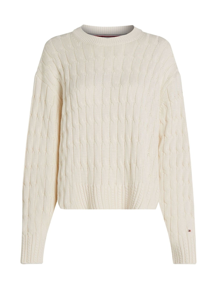 Tommy Hilfiger Cream Soft 100% Cotton Cable Crew Neck Jumper - Image 5 of 6