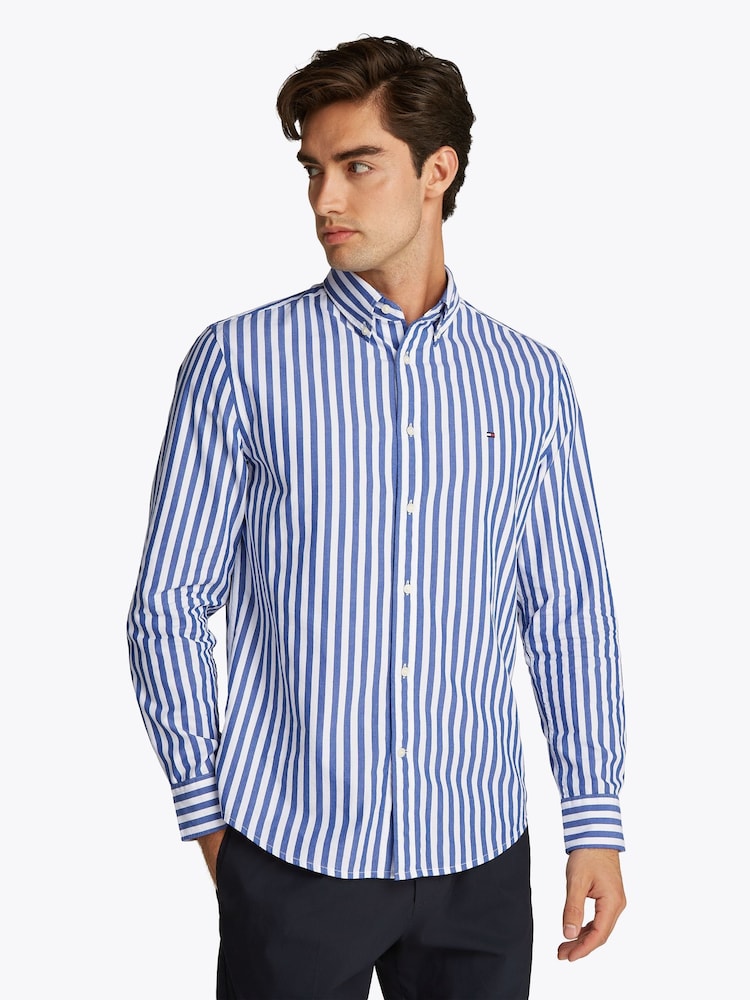 Tommy Hilfiger Light Blue Regular Fit Flex Poplin Stripe 100% Cotton Shirt - Image 1 of 7