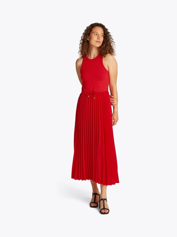 Tommy Hilfiger Red Rib Pleated Sleeveless Midi Flare Dress - Image 1 of 4