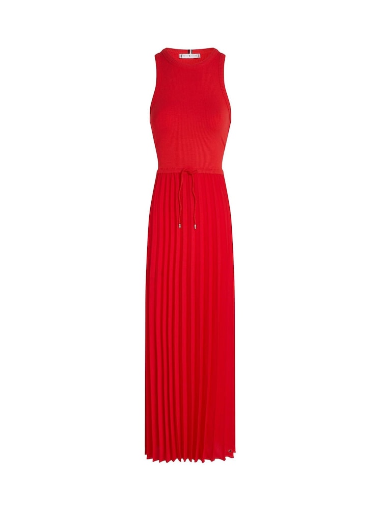 Buy Tommy Hilfiger Red Rib Pleated Sleeveless Midi Flare Dress