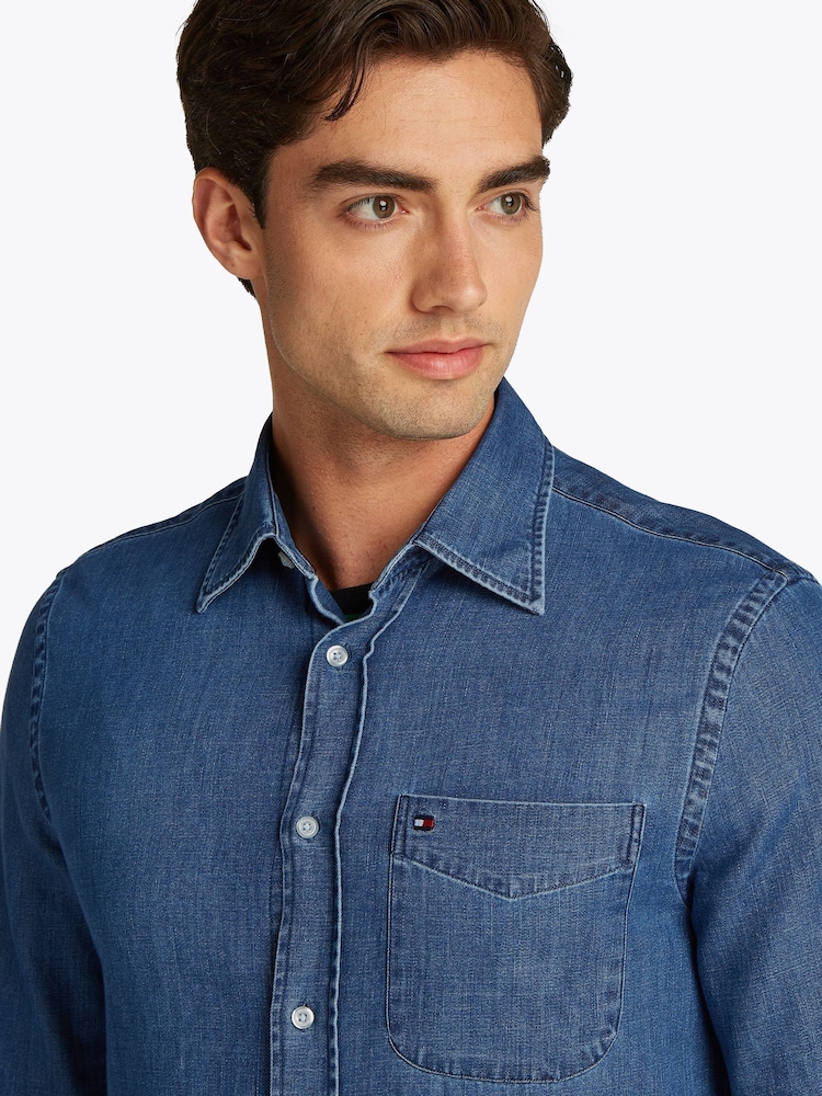 Tommy Hilfiger Blue Light Regular Fit Denim 100% Cotton Shirt - Image 4 of 7