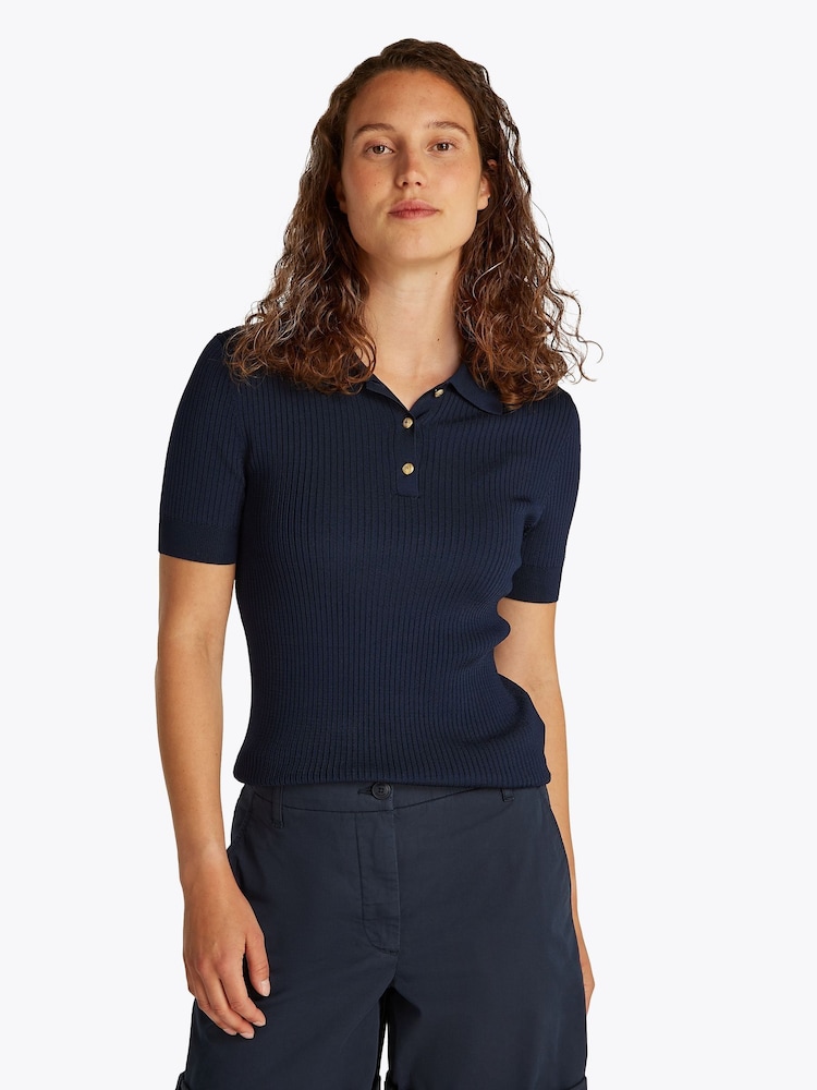 Tommy Hilfiger Blue Slim Rib Button Polo Short Sleeve Jumper - Image 1 of 6