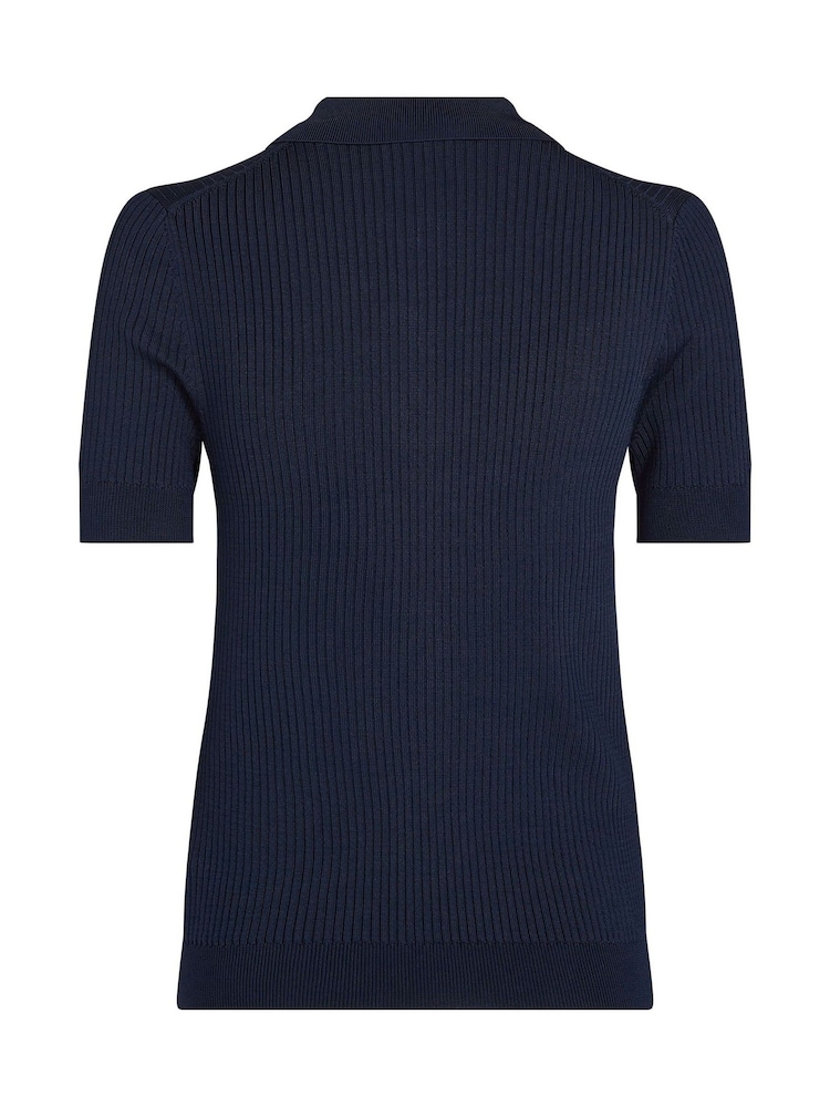Tommy Hilfiger Blue Slim Rib Button Polo Short Sleeve Jumper - Image 6 of 6