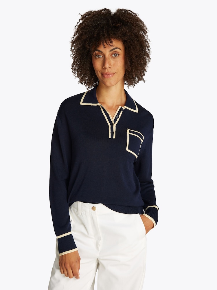 Tommy Hilfiger Blue Lyocell Silk Polo Long Sleeve Jumper - Image 1 of 8