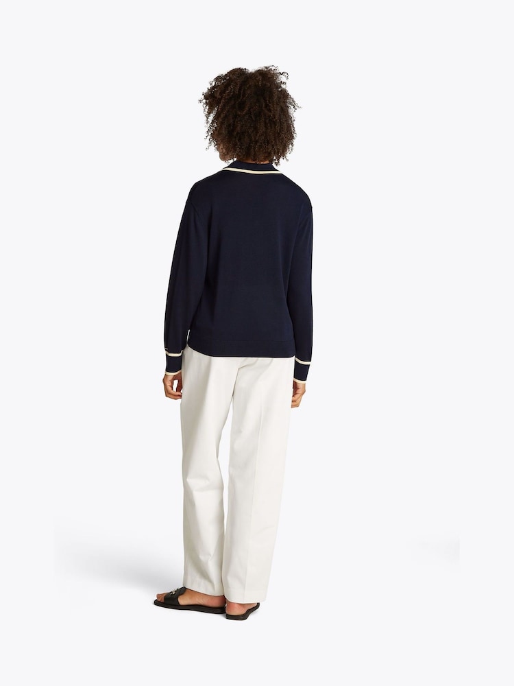 Tommy Hilfiger Blue Lyocell Silk Polo Long Sleeve Jumper - Image 4 of 8