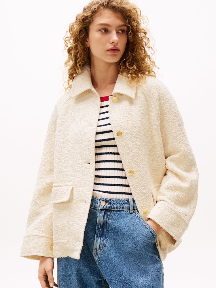 Tommy Hilfiger Cream Sofia Richie Grainge Sherpa Overshirt Jacket - Image 1 of 4