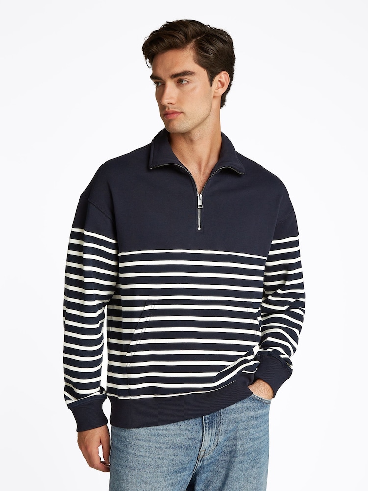 Tommy Hilfiger White Stripe Quarter Zip Sweatshirt - Image 1 of 8