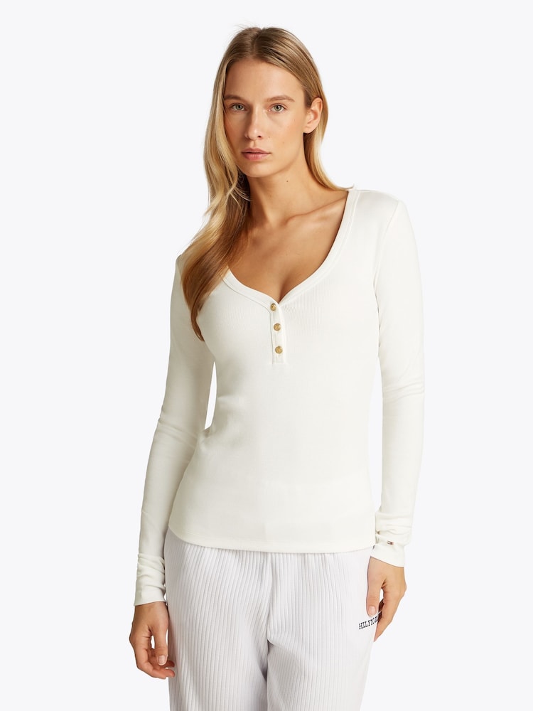 Tommy Hilfiger White Slim Long Sleeve Henley Top - Image 1 of 6 Tommy Hilfiger White Slim Long Sleeve Henley Top - Image 1 of 6