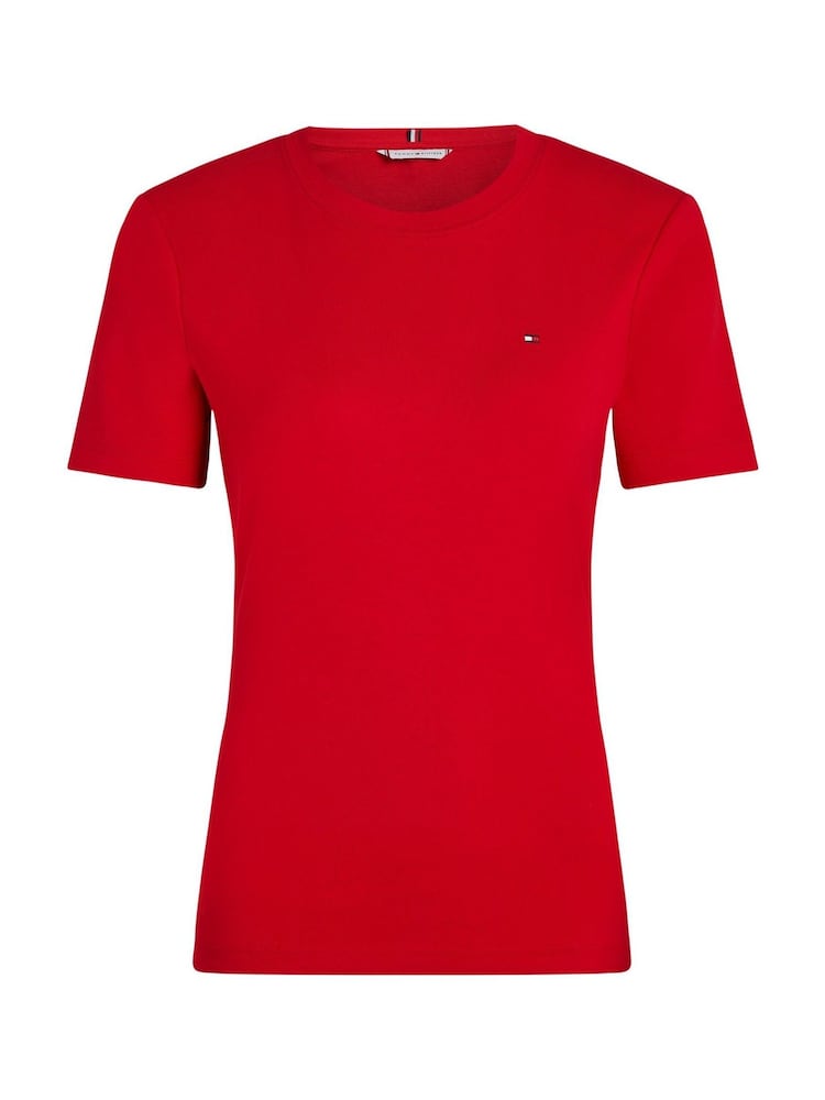 Красный - Tommy Hilfiger Slim Crew Neck Short Sleeve 100% Cotton T-Shirt - Image 1 of 2