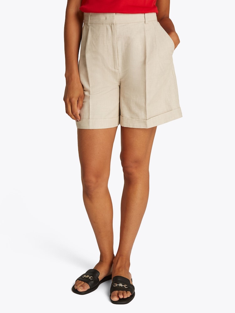 Tommy Hilfiger Brown Linen Mix Pleated Shorts - Image 1 of 6