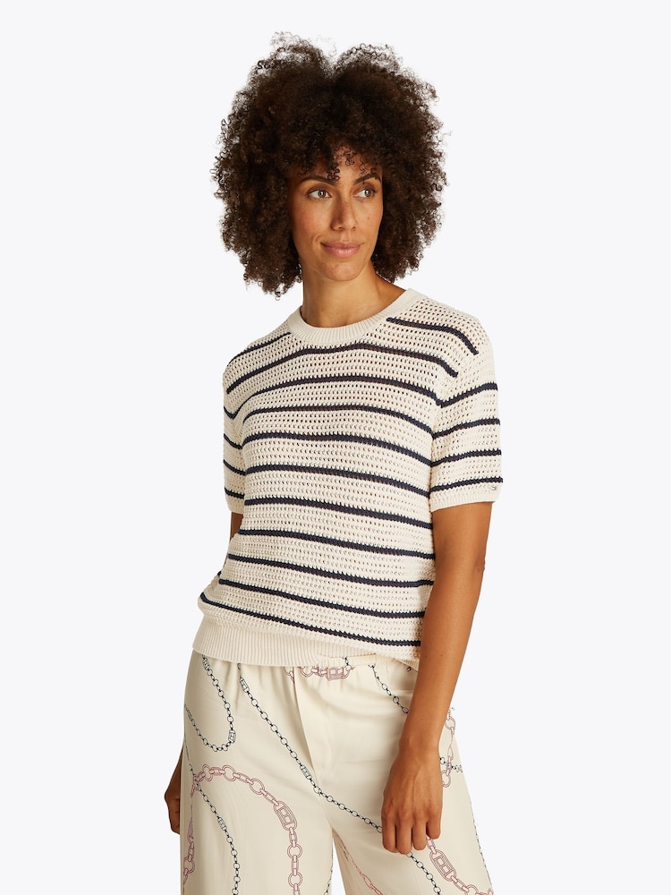 Tommy Hilfiger Blue Pointelle Crochet Crew Neck Short Sleeve Jumper - Image 1 of 6