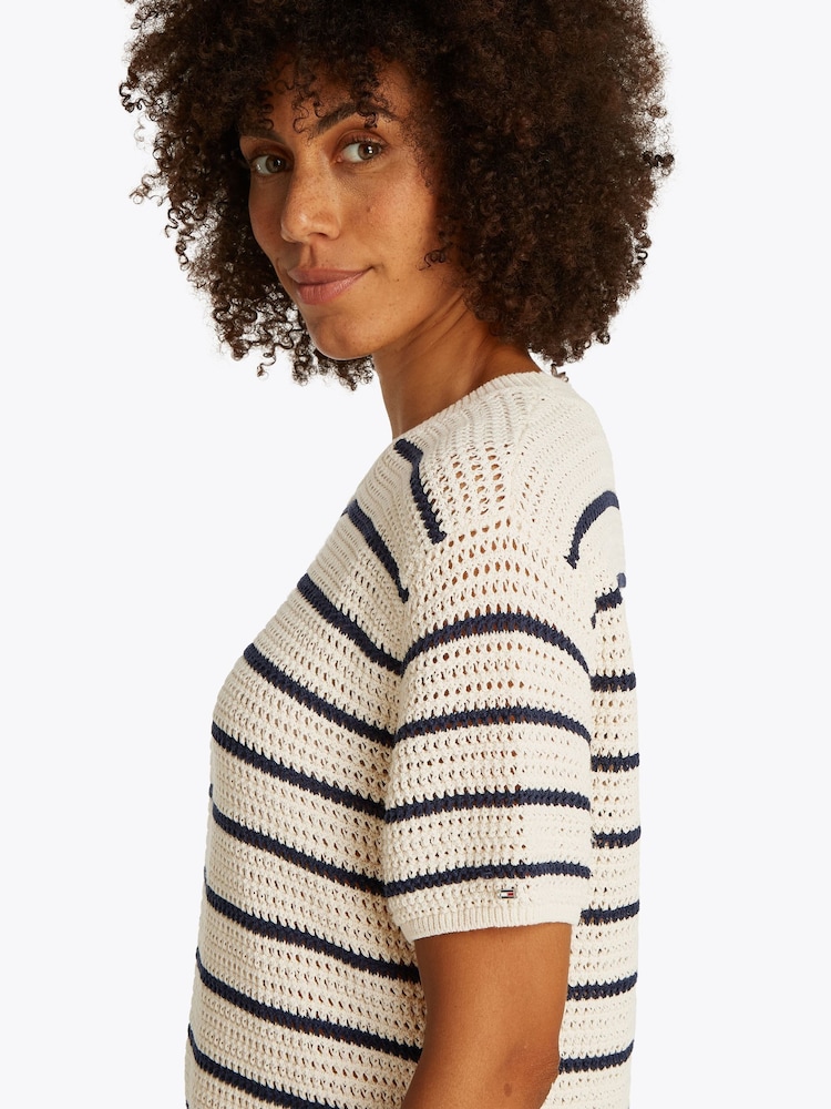 Tommy Hilfiger Blue Pointelle Crochet Crew Neck Short Sleeve Jumper - Image 4 of 6