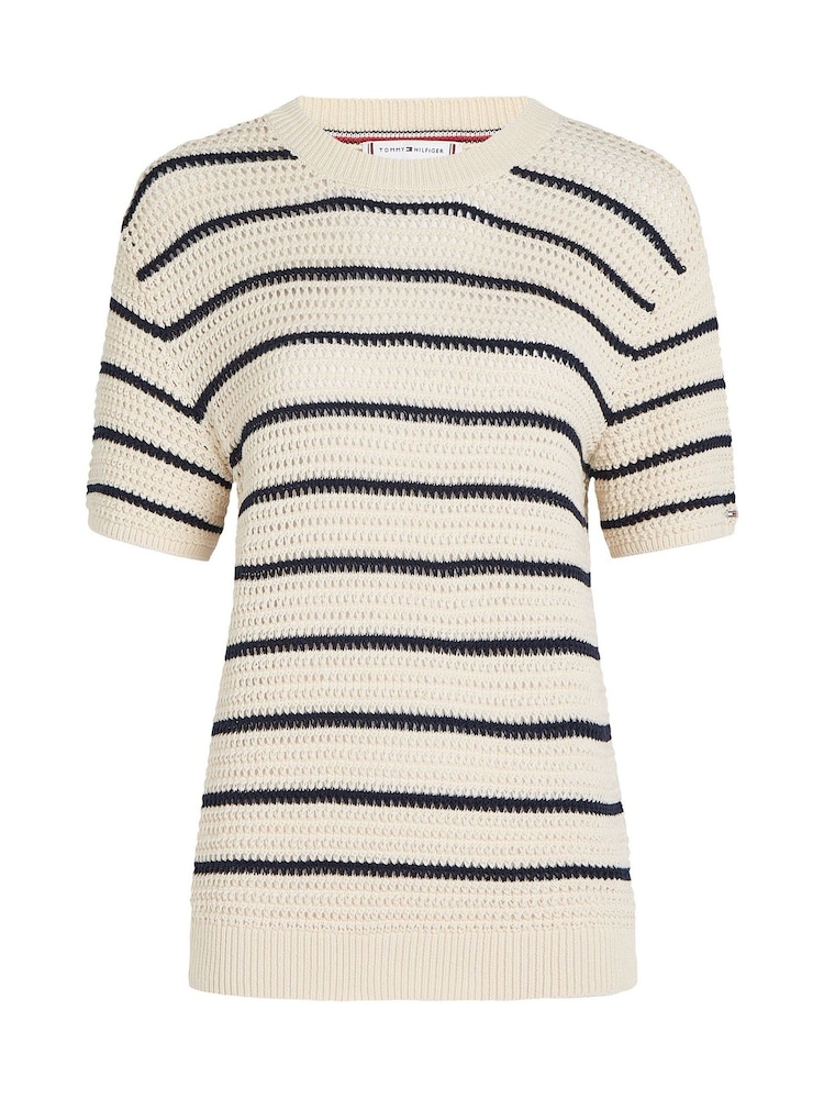 Tommy Hilfiger Blue Pointelle Crochet Crew Neck Short Sleeve Jumper - Image 5 of 6