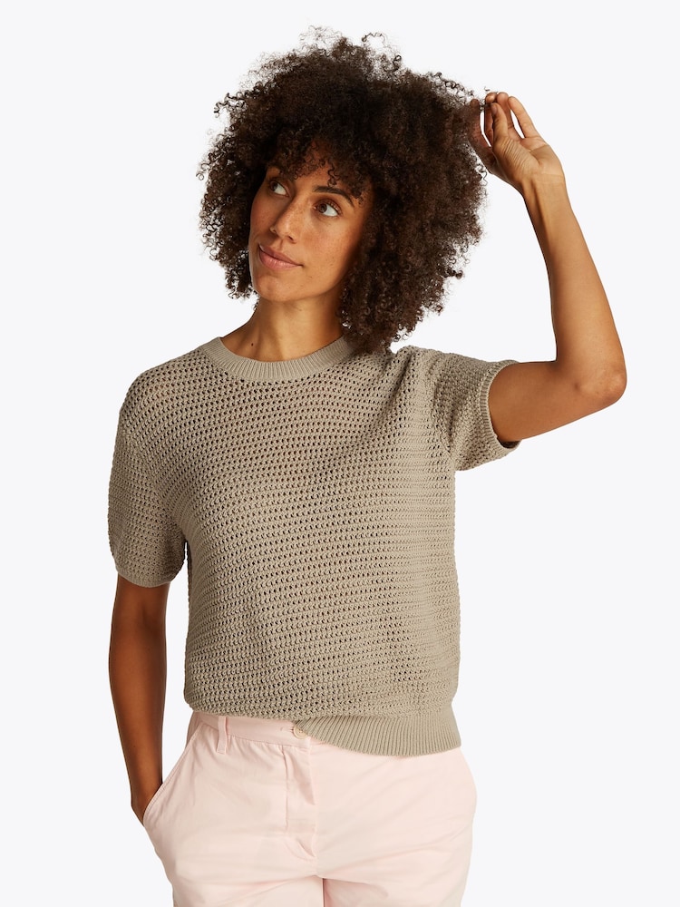 Tommy Hilfiger Natural Pointelle Crochet Crew Neck Short Sleeve Jumper - Image 1 of 6