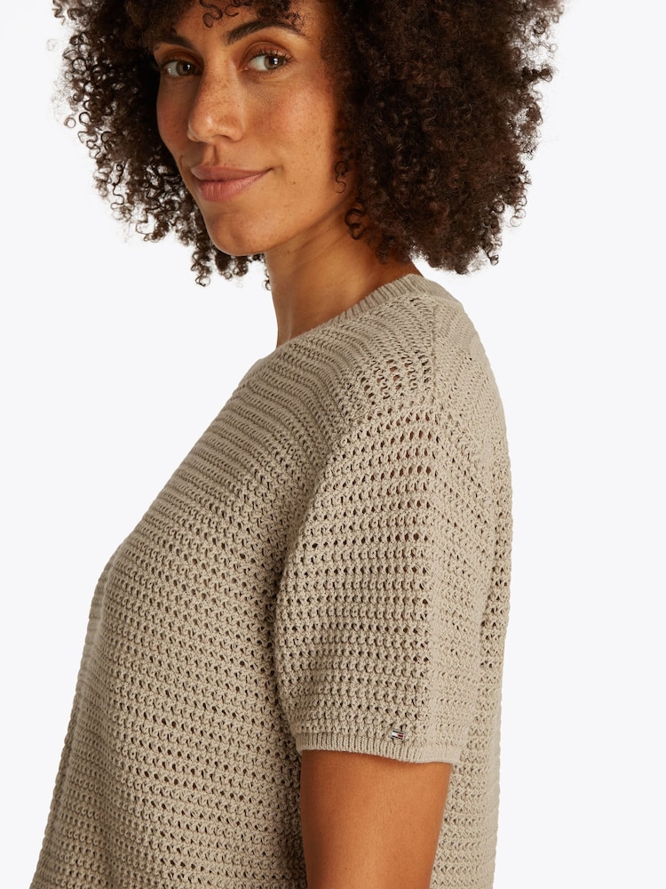 Tommy Hilfiger Natural Pointelle Crochet Crew Neck Short Sleeve Jumper - Image 4 of 6