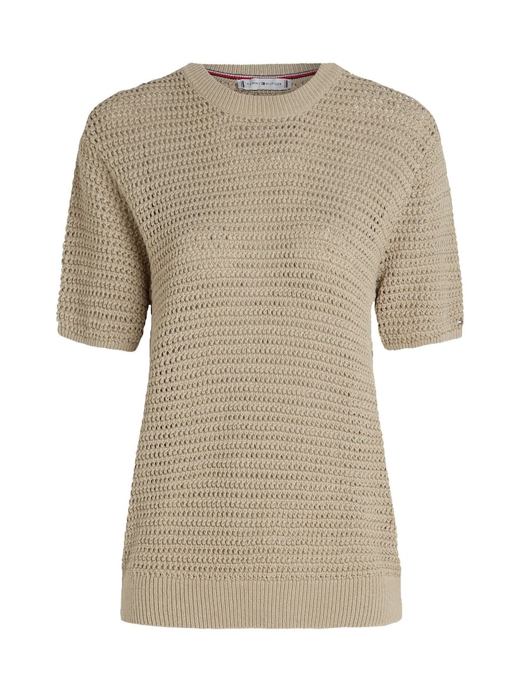 Tommy Hilfiger Natural Pointelle Crochet Crew Neck Short Sleeve Jumper - Image 5 of 6