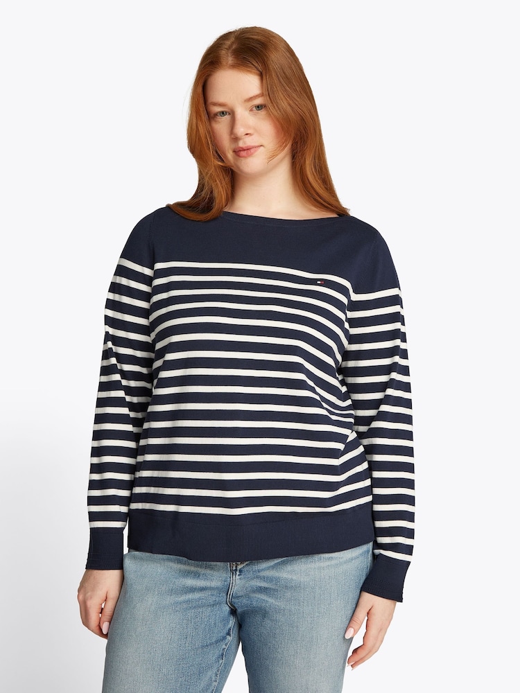 Tommy Hilfiger Blue Curve Cotton Jersey Stitch Boat Neck Jumper - Image 1 of 6