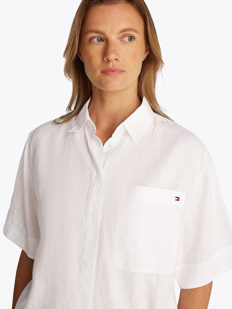Tommy Hilfiger White Linen Short Sleeve 100% Linen Shirt - Image 4 of 6