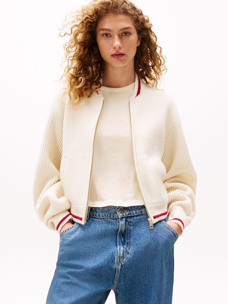 Tommy Hilfiger Cream x Sofia Richie Grainge Knit Bomber Jacket. - Image 1 of 4