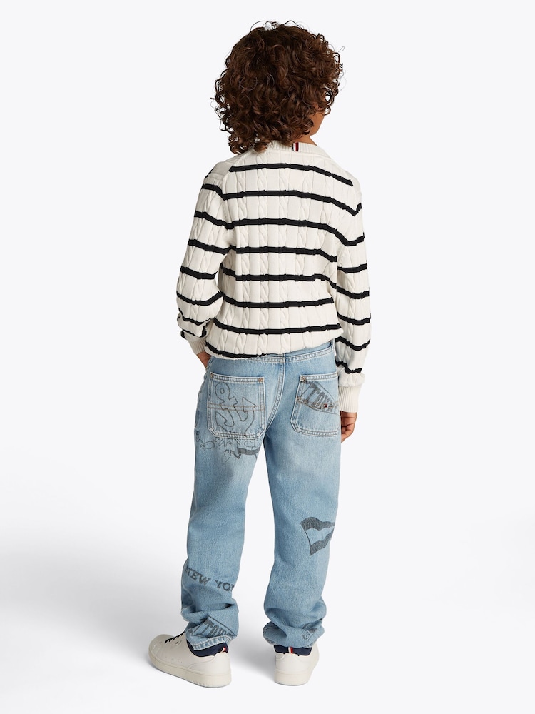 Tommy Hilfiger Cream & Navy 100% Cotton Crew Neck Cable Jumper - Image 2 of 5 Tommy Hilfiger Cream & Navy 100% Cotton Crew Neck Cable Jumper - Image 2 of 5