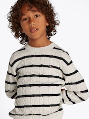 Tommy Hilfiger Cream & Navy 100% Cotton Crew Neck Cable Jumper - Image 3 of 5