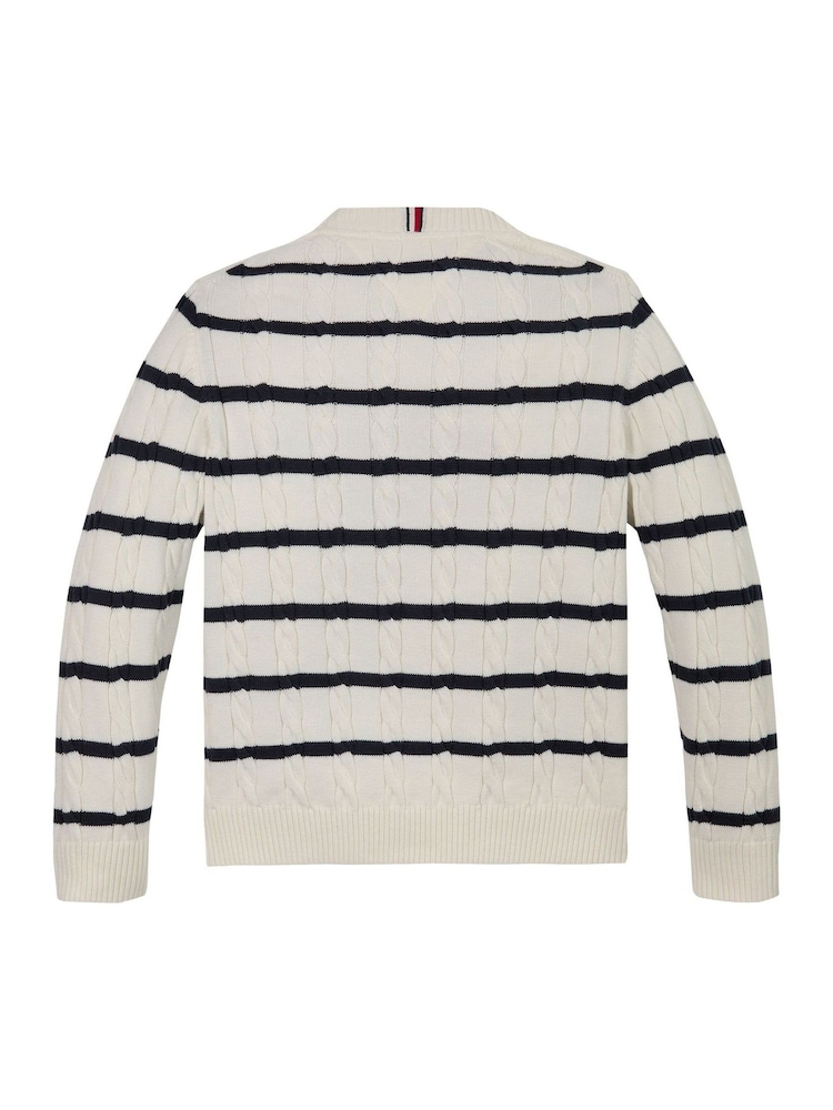 Tommy Hilfiger Cream & Navy 100% Cotton Crew Neck Cable Jumper - Image 5 of 5