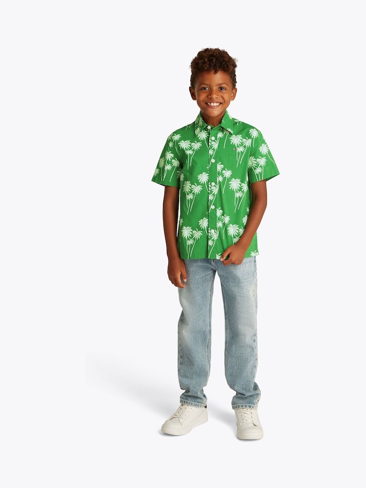 Tommy Hilfiger Green Stretch Poplin Printed Short Sleeve Shirt - Image 1 of 5