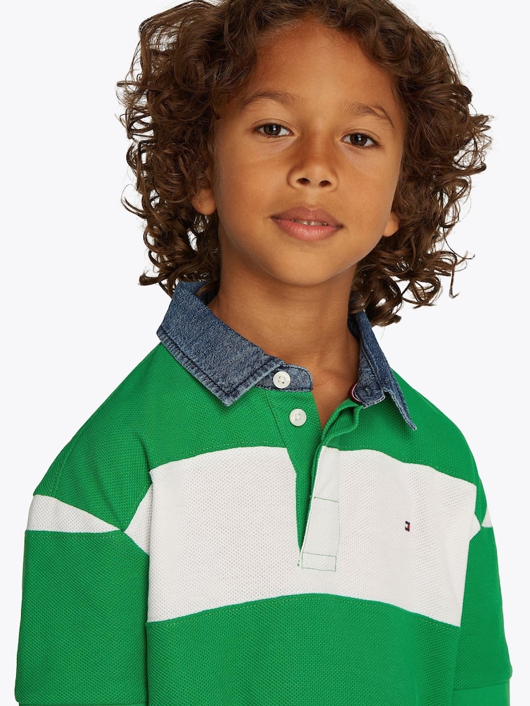 Tommy Hilfiger Green Denim Collar Stripe Short Sleeve 100% Cotton Polo Shirt - Image 3 of 5