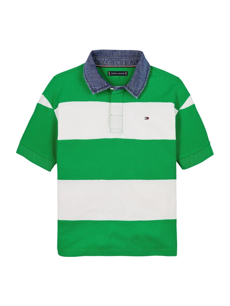 Tommy Hilfiger Green Denim Collar Stripe Short Sleeve 100% Cotton Polo Shirt - Image 4 of 5