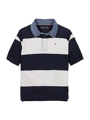Tommy Hilfiger Blue Denim Collar Stripe Short Sleeve 100% Cotton Polo Shirt - Image 4 of 6