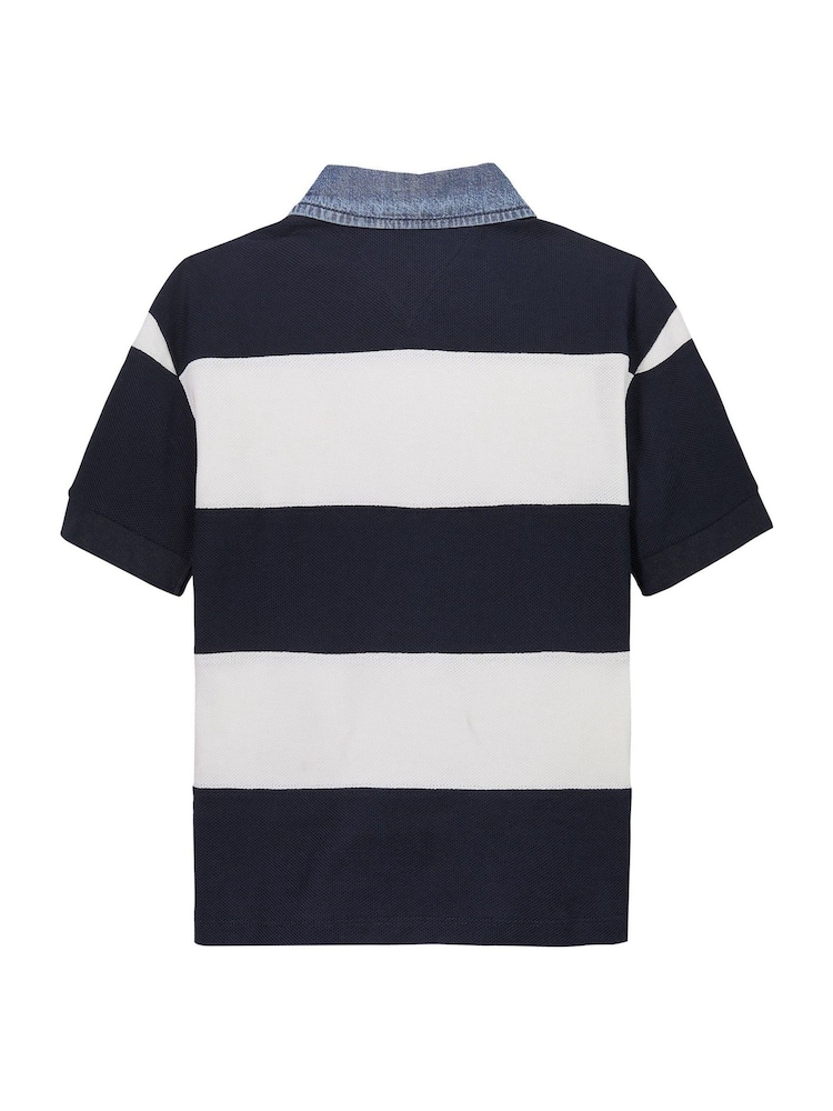 Tommy Hilfiger Blue Denim Collar Stripe Short Sleeve 100% Cotton Polo Shirt - Image 5 of 6