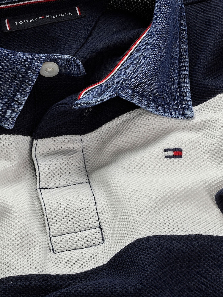 Tommy Hilfiger Blue Denim Collar Stripe Short Sleeve 100% Cotton Polo Shirt - Image 6 of 6