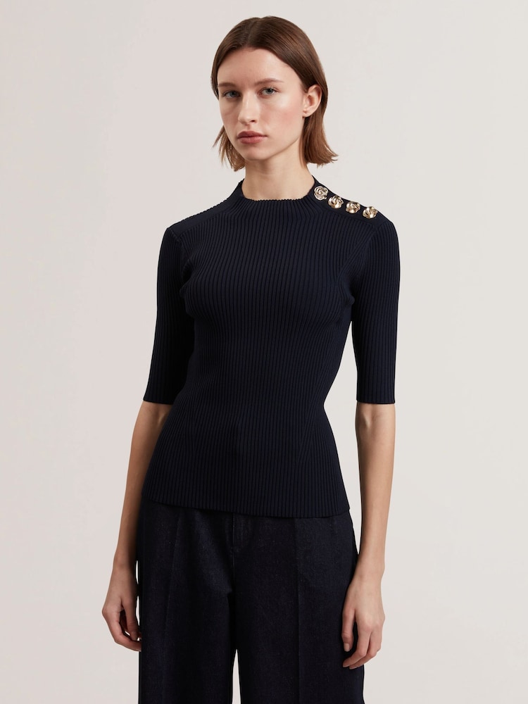 Ted Baker Blue Eeliia Rib Knit Crop Top - Image 1 of 6