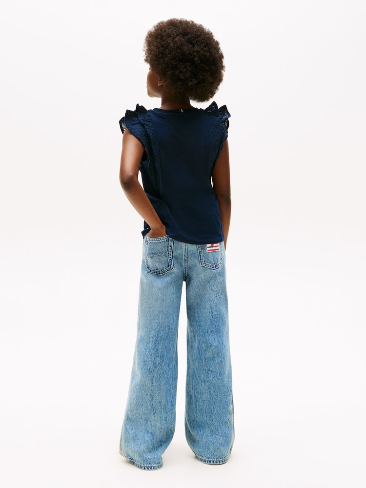 Tommy Hilfiger Blue Broderie Anglaise 100% Cotton Knit Top - Image 2 of 5 Tommy Hilfiger Blue Broderie Anglaise 100% Cotton Knit Top - Image 2 of 5