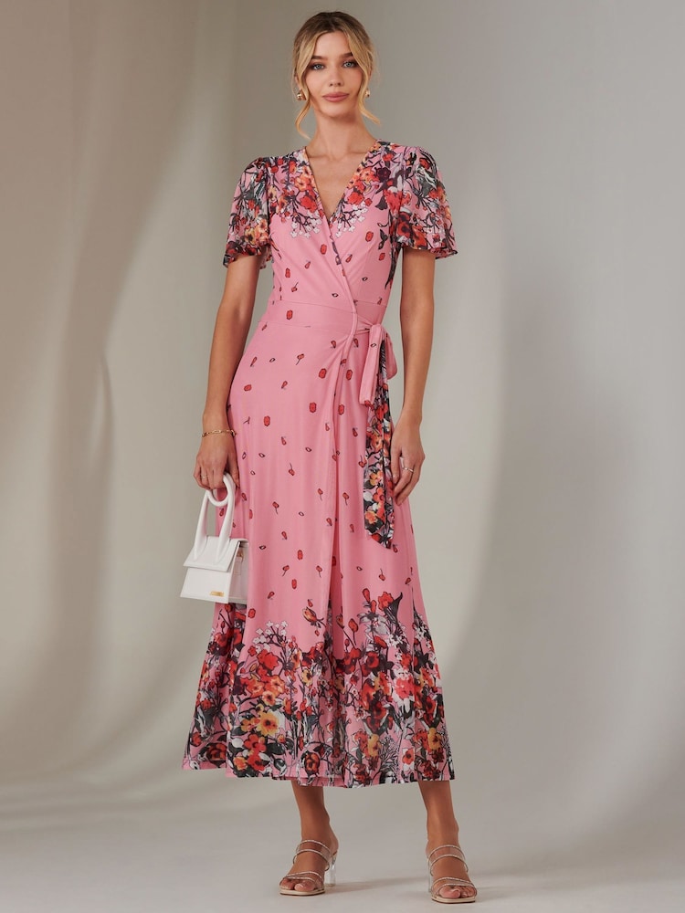 Jolie Moi Pink Mirror Print Mesh Wrap Maxi Dress - Image 1 of 6 Jolie Moi Pink Mirror Print Mesh Wrap Maxi Dress - Image 1 of 6