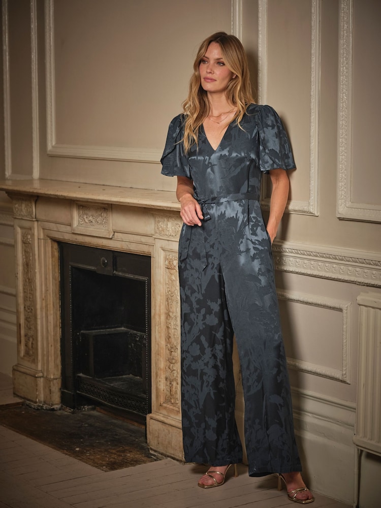 FatFace Azalea Dark Navy Petite Jacquard Jumpsuit - Image 1 of 3