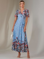 Jolie Moi Blue Mirror Print Mesh Wrap Maxi Dress - Image 1 of 11