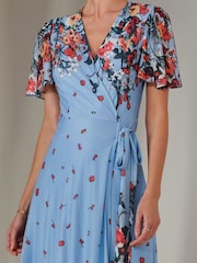 Jolie Moi Blue Mirror Print Mesh Wrap Maxi Dress - Image 10 of 11
