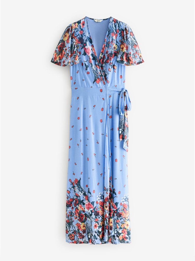 Jolie Moi Blue Mirror Print Mesh Wrap Maxi Dress - Image 11 of 11