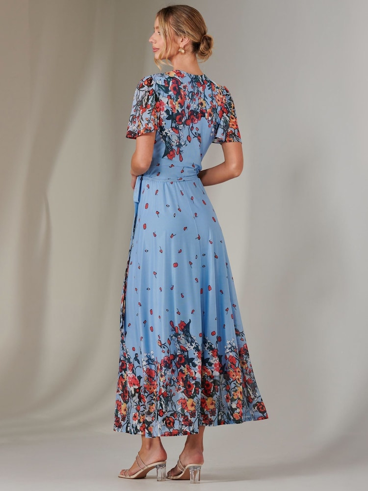 Jolie Moi Blue Mirror Print Mesh Wrap Maxi Dress - Image 2 of 11