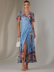 Jolie Moi Blue Mirror Print Mesh Wrap Maxi Dress - Image 3 of 11