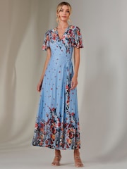 Jolie Moi Blue Mirror Print Mesh Wrap Maxi Dress - Image 4 of 11