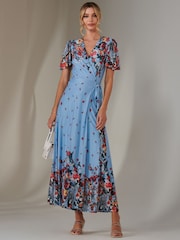 Jolie Moi Blue Mirror Print Mesh Wrap Maxi Dress - Image 5 of 11