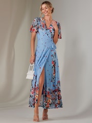 Jolie Moi Blue Mirror Print Mesh Wrap Maxi Dress - Image 6 of 11
