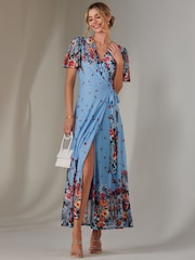 Jolie Moi Blue Mirror Print Mesh Wrap Maxi Dress - Image 7 of 11